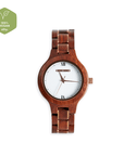 Luxury handmade wooden watch for women, elegant sustainable red sandalwood timepiece with gold accents, classic Magnolia design by The Sustainable Watch Company at brixbailey.com