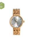Luxury handmade recycled olive wood watch with gold metal links, stylish sustainable wood timepiece for everyday wear by The Sustainable Watch Company at brixbailey.com