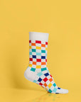 Colorful checkered socks, premium cotton blend, playful patterned design, elasticated comfort, best-selling unisex footwear by Body and I at brixbailey.com