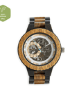 Luxury handcrafted mens wood watch with recycled ebony and sandalwood strap, exposed mechanical movement, eco-friendly design by The Sustainable Watch Company at brixbailey.com