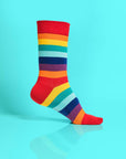 Crew-length rainbow striped socks, premium soft breathable cotton, stylish vibrant colors, best-selling trendy unisex socks by Body and I at brixbailey.com
