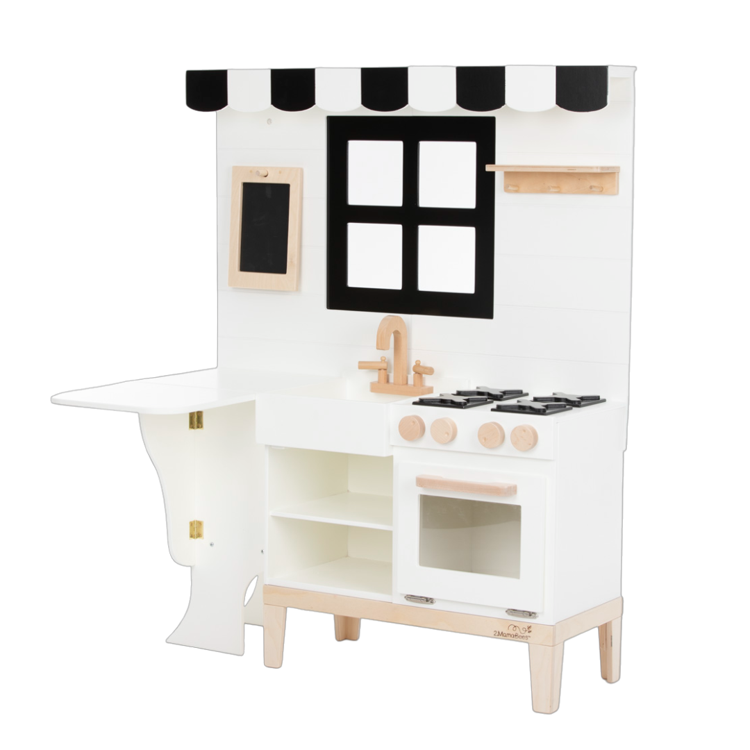 White and black farmhouse play kitchen by 2MamaBees with chalkboard and turning faucet at www.brixbailey.com