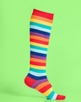 Knee-length rainbow stripe socks, luxury soft cotton blend, vibrant colorful fun stylish socks, best-selling trendy striped socks by Body and I at brixbailey.com
