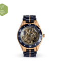 Luxury handmade wooden watch for men, crafted from recycled olive and chacate preto wood with gold mechanical movement by The Sustainable Watch Company at brixbailey.com