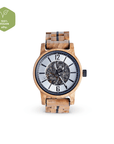 Luxury upcycled olive wood watch for men, handcrafted with exposed mechanics, natural grain, glass back, stylish sycamore design by The Sustainable Watch Company at brixbailey.com