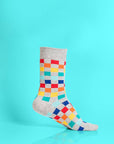 Checker socks pack of 4, colorful squared puzzle design, premium cotton blend, stylish elasticated band, best-selling playful patterned socks by Body and I at brixbailey.com