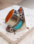 Tibetan Silver Mosaic Ring – Turquoise, Coral, Amber & Lapis