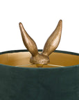 Antique gold hare table lamp with green velvet shade, handcrafted resin sculpture, elegant home decor lighting by sostter at brixbailey.com
