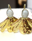 Textured Gold Bloom Earrings with Moonstone/Labradorite Tops – Brass Boho Statement.