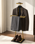 Luxury Dressboy Vintage Brass & Black Leather Valet Suit & Clothes Stand