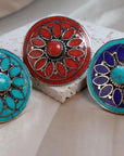 Boho Mandala Statement Rings – Handcrafted Tribal Inlay in Turquoise, Coral & Lapis.