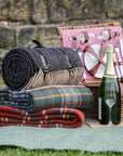 Polo Picnic Rug Cottage Vintage Checked Mustard/Brown/Blue with Leather Strap