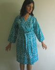 Teal Aztec Knee Length, Kimono Crossover Belted Robe-3