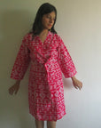 Red Aztec Knee Length, Kimono Crossover Belted Robe-3
