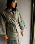 Blue Plaid Knee Length, Kimono Crossover Belted Robe-2