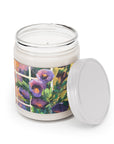 9oz Eco-Friendly Scented or Unscented Soy Wax Candle Jar with 'Purple Flowers' Artwork by American Artist Barbara Cleary