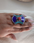 Adjustable Tibetan Silver Ring – Turquoise, Coral & Lapis Inlay