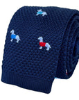 navy blue knitted tie with embroidered dog design
