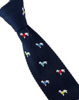 navy blue knitted tie with embroidered dog design