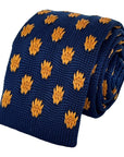 navy blue knitted tie with golden sunflower embroidered design