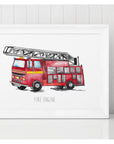 Personalised Watercolour Fire Engine Art Print – Kids Wall Art for Nursery or Bedroom, A3/A4 Sizes