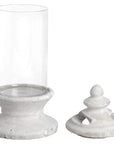 White stone hurricane lantern candle holder with glass walls, 33cm tall, for LED candles and home decor ambiance by sostter at brixbailey.com