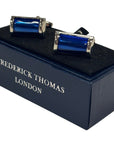 silver rectangular cufflinks with blue stone