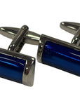 silver rectangular cufflinks with blue stone