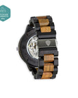 Premium handcrafted wood watch for men, recycled ebony and sandalwood, exposed mechanical movement, eco-friendly luxury timepiece by The Sustainable Watch Company at brixbailey.com