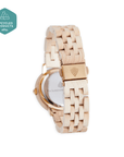 Upcycled maple wood watch for women, handcrafted recycled wood, classic white face with gold accents, light natural wood tones by The Sustainable Watch Company at brixbailey.com