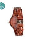 Luxury handmade wooden watch for women, elegant sustainable red sandalwood timepiece with gold accents, classic Magnolia design by The Sustainable Watch Company at brixbailey.com