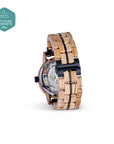 Premium olive wood watch for men, handcrafted upcycled natural wood grain, exposed mechanics, glass back, stylish sycamore design by The Sustainable Watch Company at brixbailey.com