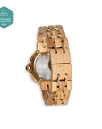 Teak natural wood watch, handmade recycled olive wood, sustainable stylish gold metal links, luxury everyday versatile timepiece by The Sustainable Watch Company at brixbailey.com