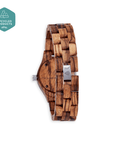 Luxury handmade sustainable wood watch for women, reclaimed zebrawood with natural grain, minimalist brown dial by The Sustainable Watch Company at brixbailey.com