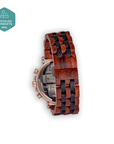 Premium handmade chronograph watch, upcycled natural wood furniture, eco-friendly, gold red black deep brown, recycled red sandalwood ebony, luxury wood watch for men by The Sustainable Watch Company at brixbailey.com