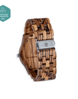 Luxury natural wood watch for men, handcrafted brown zebrawood grain, upcycled vegan timepiece, stylish eco-friendly design by The Sustainable Watch Company at brixbailey.com