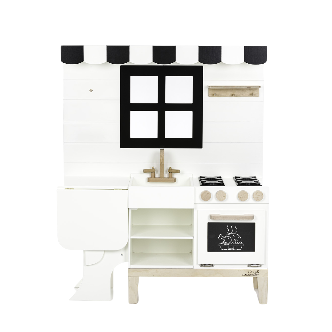 White and black farmhouse play kitchen by 2MamaBees with chalkboard and turning faucet at www.brixbailey.com