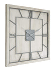 White square wall clock with light grey Roman numerals on wooden frame, skeleton-style face, modern farmhouse decor. by sostter at brixbailey.com