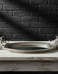 Silver stag head mirror tray with ornate handles for coffee table or vanity, elegant home decor by sostter at brixbailey.com