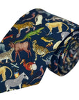 navy blue cotton tie with liberty style jungle animal design