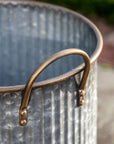 Luxury ribbed galvanized metal planter with antiqued gold handles, stylish indoor outdoor decor, best-selling Serena collection by Ella James at brixbailey.com