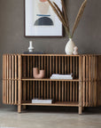 Luxury Umi slatted sideboard, premium Japandi design with solid mango wood, natural grain finish, black stud detailing, stylish storage by Ella James at brixbailey.com