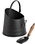 Black steel coal bucket set with wooden-handled shovel, rustic farmhouse decor, 28cm height, matte finish by sostter at brixbailey.com