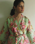 Mint Floral Knee Length, Kimono Crossover Belted Robe-0