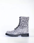 Gray Leather Boots with Floral Detail