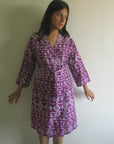 Purple Aztec Knee Length, Kimono Crossover Belted Robe-4