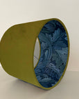 Olive velvet drum lampshade/ ceiling light shade with blue leaves paper interior