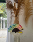 Colourful Silk folding hand fan 'kaleido-bloom' print with floral & nature filled rainbow design