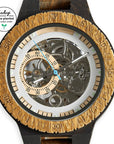 Premium handcrafted wood watch for men, recycled ebony and sandalwood, exposed mechanical movement, eco-friendly luxury timepiece by The Sustainable Watch Company at brixbailey.com