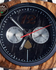 Luxury vegan wood watch for men, handcrafted from upcycled zebrawood, rich brown multi-tonal bezel and band, black face with day-date dials by The Sustainable Watch Company at brixbailey.com
